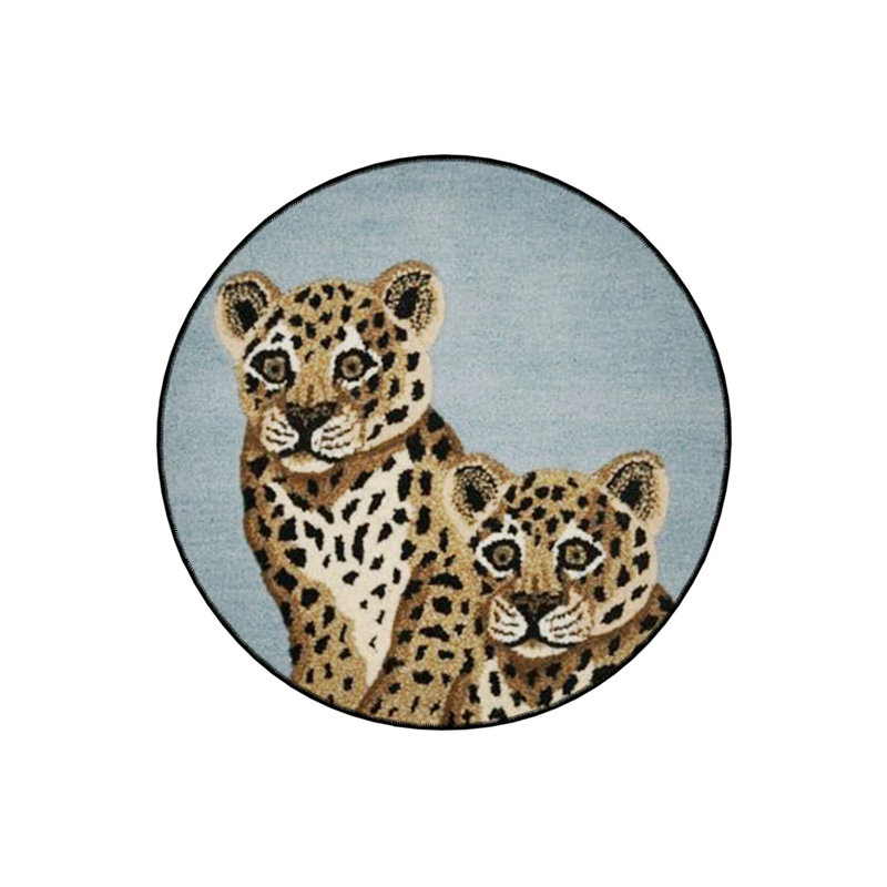 Woven Base Modern Decorative Carpet With Two Cub Tiger Details, Round 2'8"
