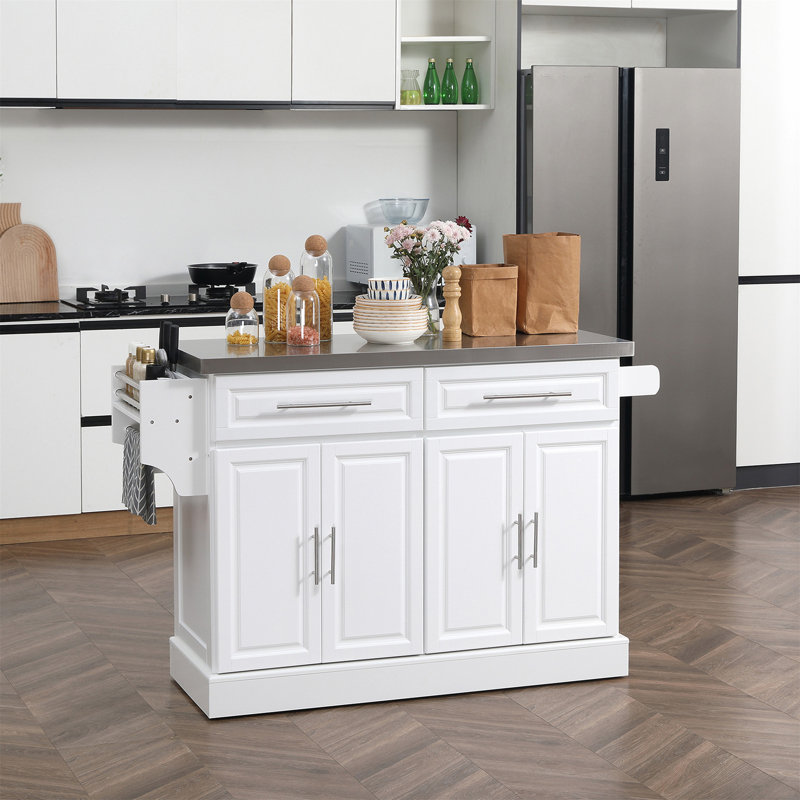 Rolling Kitchen Island With Storage, Portable Kitchen Cart With Stainless Steel Top, 2 Drawers, Spice, Knife And Towel Rack And Cabinets