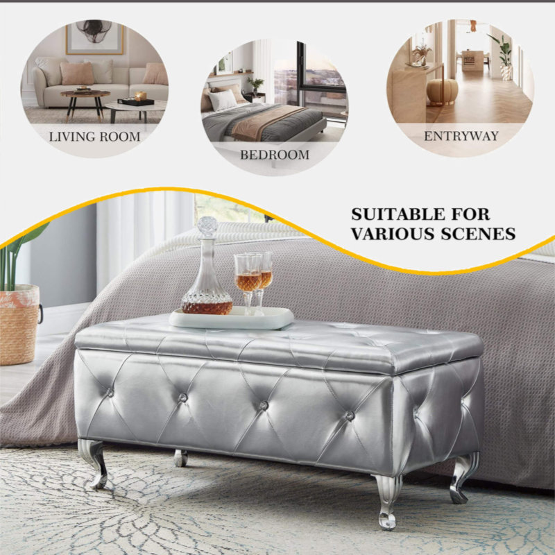 Upholstered Storage Ottoman Bench For Bedroom End Of Bed Faux Leather Rectangular Storage Benches Footrest With Crystal Buttons For Living Room Entryway (Silver)