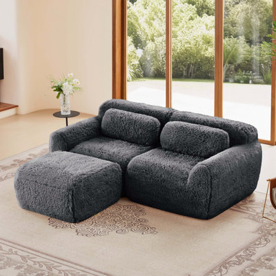 L-Shaped Boneless Sofa with Soft Fluffy Plush, 32D High-Density Sponge, No Assembly, Ergonomic and Anti-Slip Design, Includes Throw Pillows, Ideal for