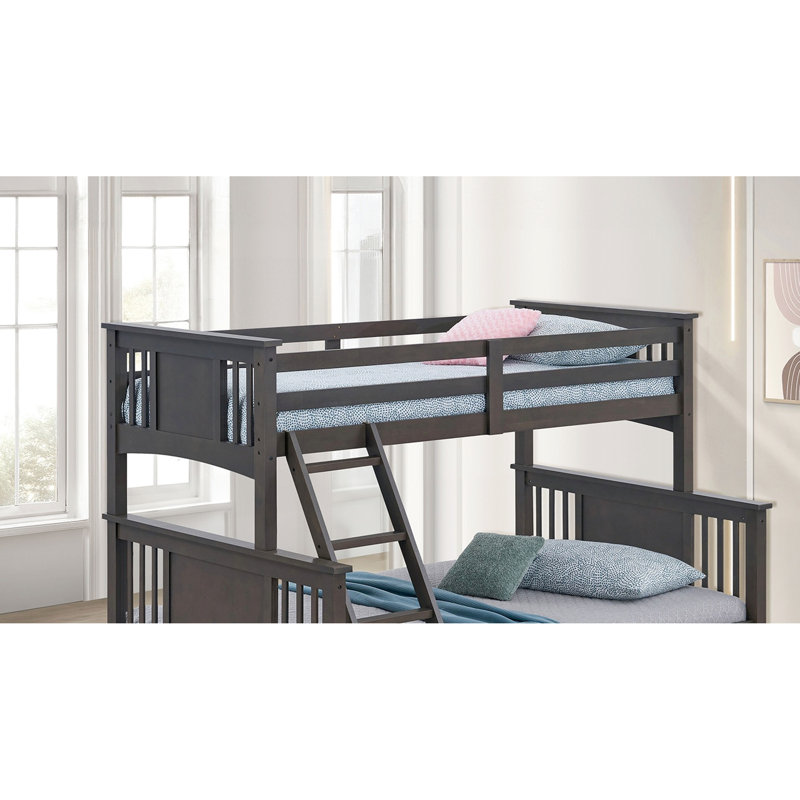 Lit simple superposé au dessus d'un lit double transitionnel, finition grise mixte, serrure, configuration en bois massif et en bois d'ingénierie, lit double moderne, assemblage en bois et serrure
