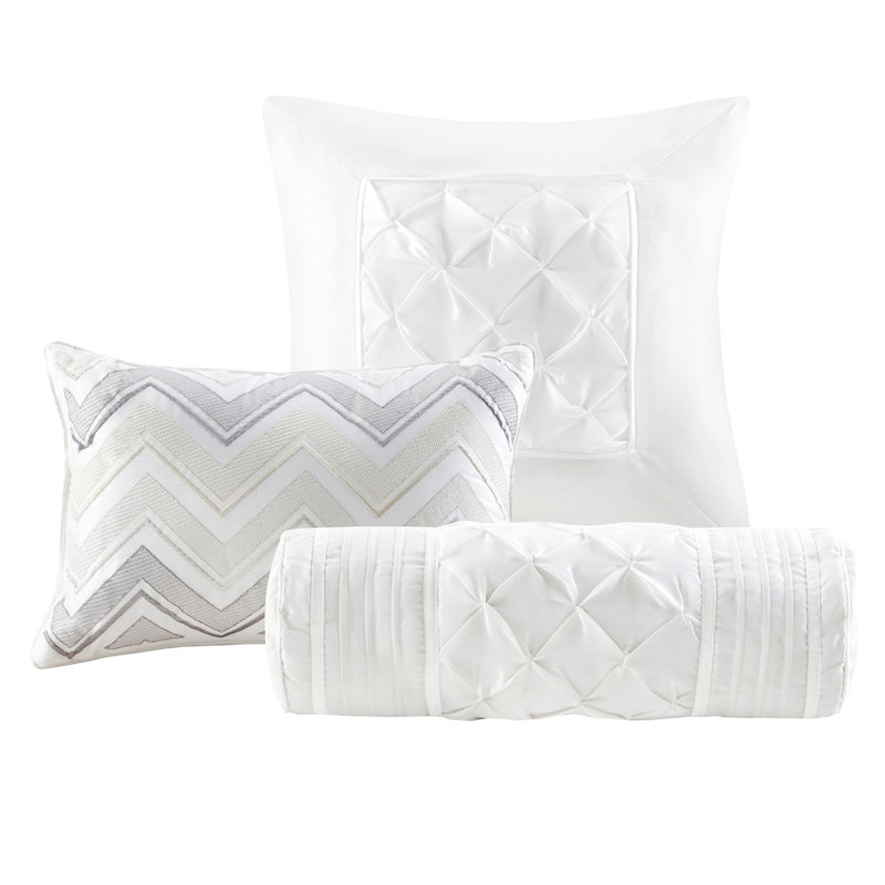 Édredon 7 pièces pour lit double, blanc avec capitonnage délicat en blanc, exquis et taies décoratives, Blanc