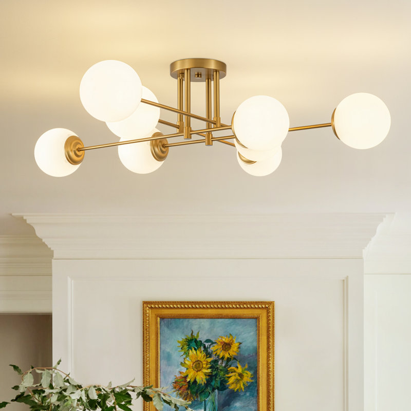 8 - Light Staggered White Glass Globe Modern Linear Semi Flush Mount