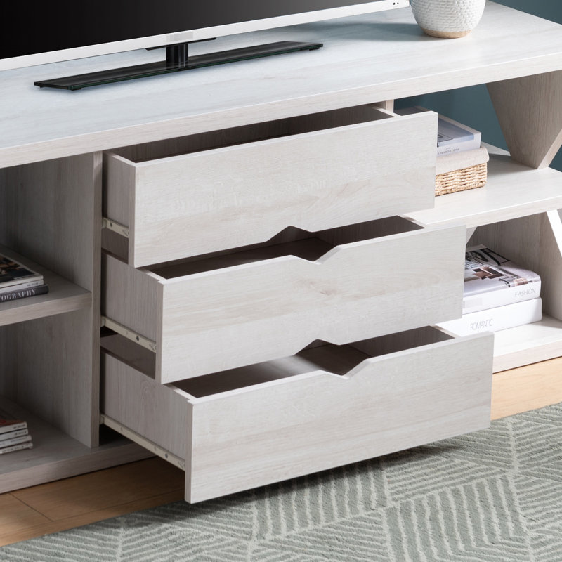 Stylish Tv Stand In White Oak With Four Shelf Places And Three Drawer Spaces Modern Holder Areas Compartments For Audio Equipment