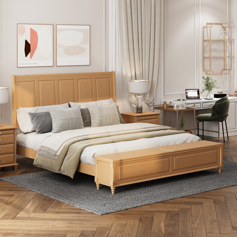 Lit traîneau King Size avec banc de rangement et tête de lit haute, couleur naturelle, ensemble 3 pièces