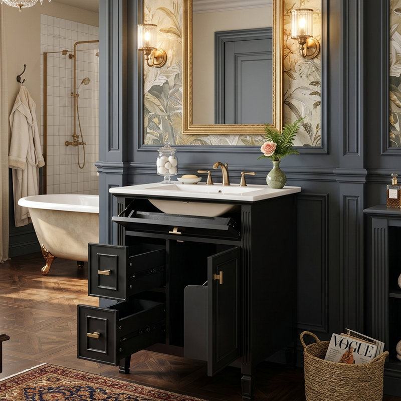 Ensemble de meuble-lavabo autoportant 24 po moderne avec comptoir en céramique espacé de 8 po, plateau inclinable en angle ouvert sur une porte asymétrique et un tiroir à deux tiroirs (disponible en vert et noir)
