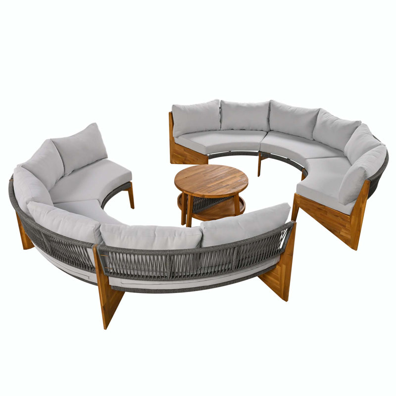 Ensemble de conversation avec canapé en rotin 8 pièces avec coussins et tables d'appoint Saross, Gris