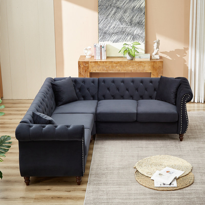 Canapé modulaire de coin 3 pièces Kamily, Velours noir