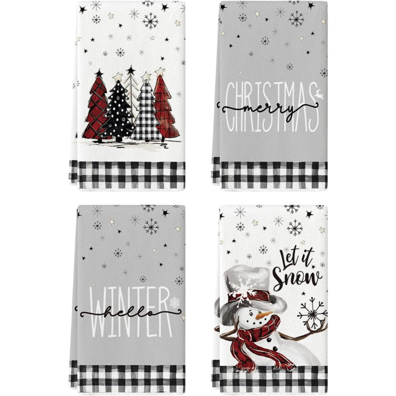 Buffalo Plaid Snowman Xmas Trees Christmas Kitchen Towels Dish Towels,  Daily Winter Decoration Hand Towels Set Of 4