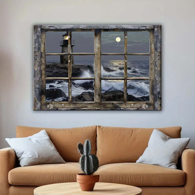 28*10,Coastal Lighthouse & Beach Scene - Modern Nautical Wall Art - For Living Room, Bedroom, Bathroom Decor - Perfect Gift for Home Decor Lovers