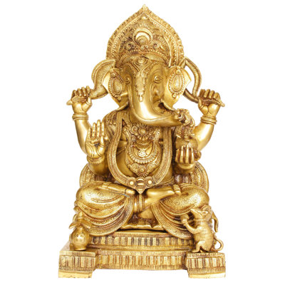 Handmade 17" Lord Ganesha Seated on Pedestal Brass Statue – Auspicious Beginnings, Detailed Indian Deity Idol, Premium Accent for Altar & Luxe Décor
