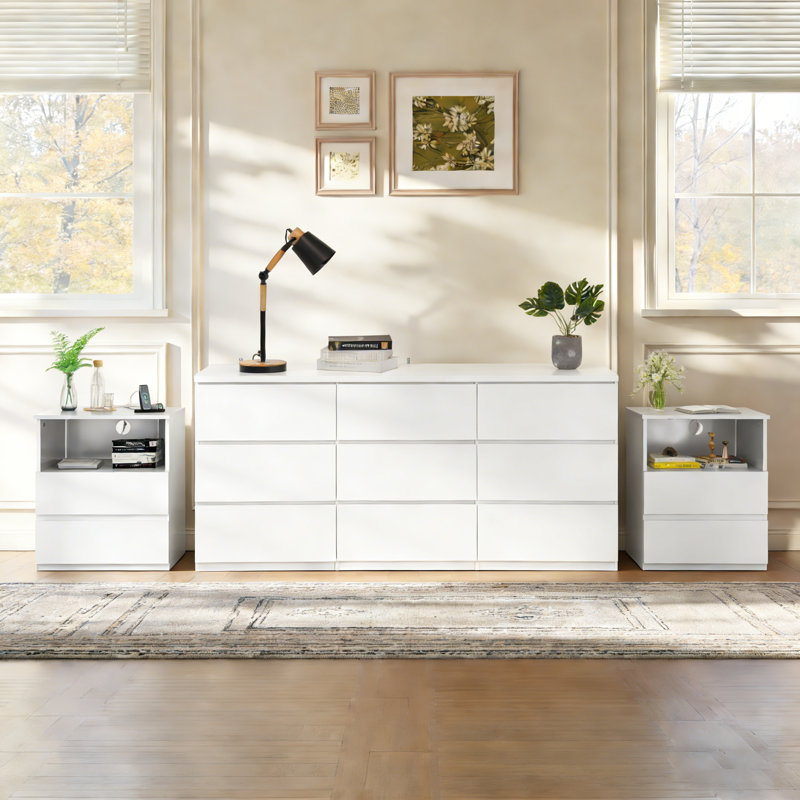 Ensemble de commode et table de chevet 3 pièces, large 9 tiroirs sans poignée et tables de chevet avec charge USB C rapide, ensemble de 2