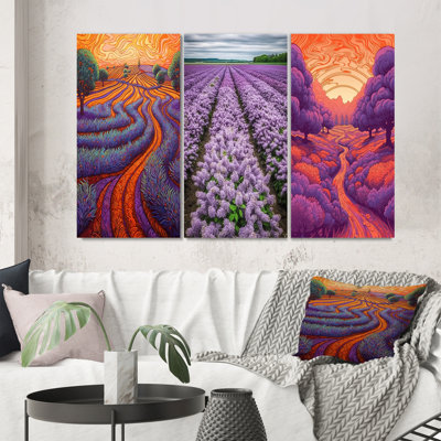 «Sunset Over Blossoming Fields Of Lavender», 3 pièces sur toile