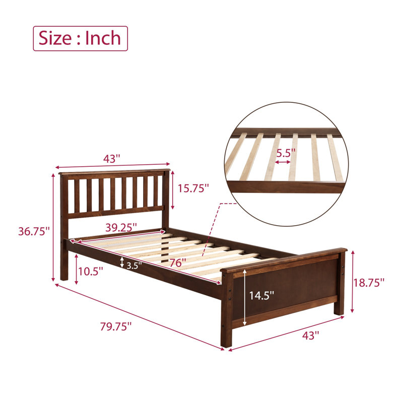 Lit plateforme simple en bois massif avec tête et pied de lit, structure de lit simple avec lattes en noyer
