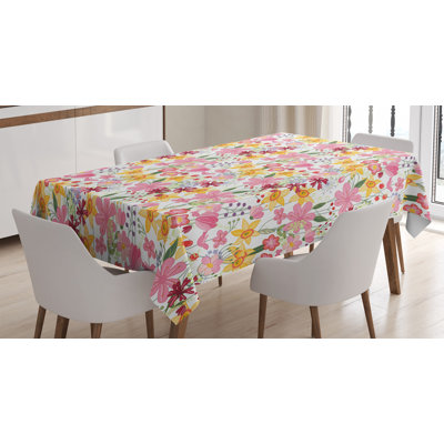 Daffodil Tablecloth, Mixed Plants And Wildflowers Blooms Pattern Tulips Daffodil Romantic Floral Art, Rectangular Table Cover For Dining Room Kitchen Decor, 52" X 70", Multicolor