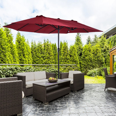 Très grand parasol de patio de 15 pi, double, structure thermolaquée - rouge vin pour l'extérieur, construction en acier robuste, cour, terrasse