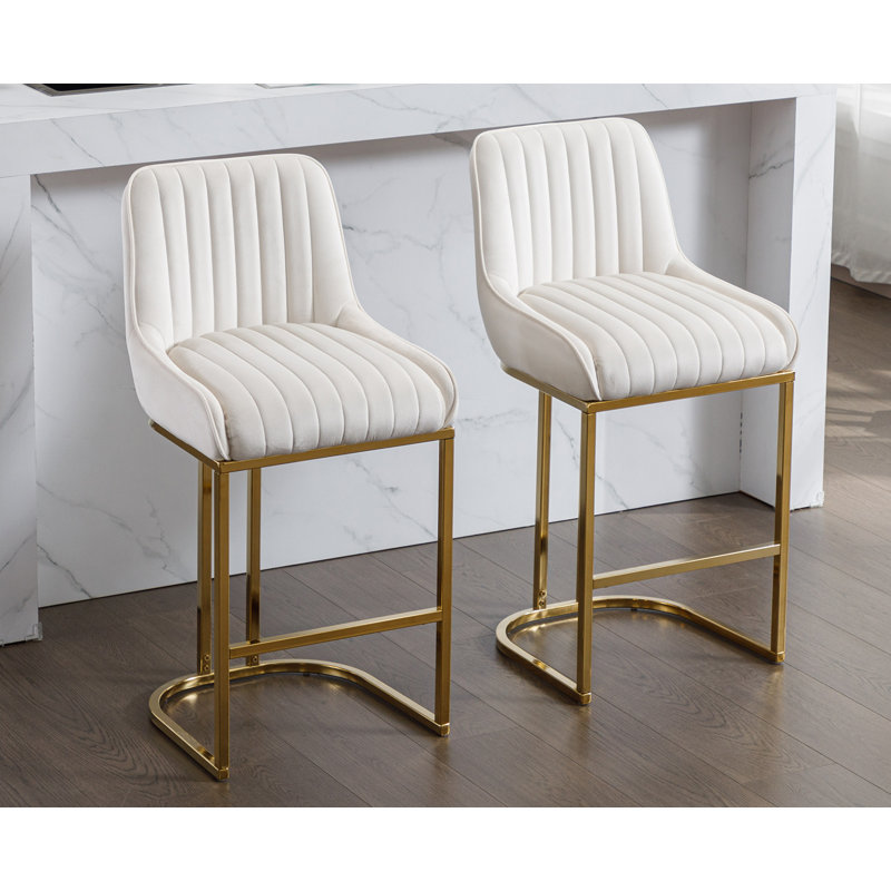 Beige Velvet Upholstered Counter Stools with Gold Metal Base, Set of 2