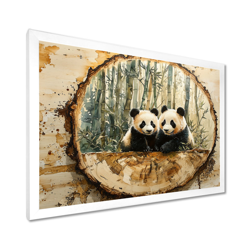 «Gonzella Wood Slide Panda Family In The Forest II», art mural Panda, H 16 po x l 32 po, Blanc