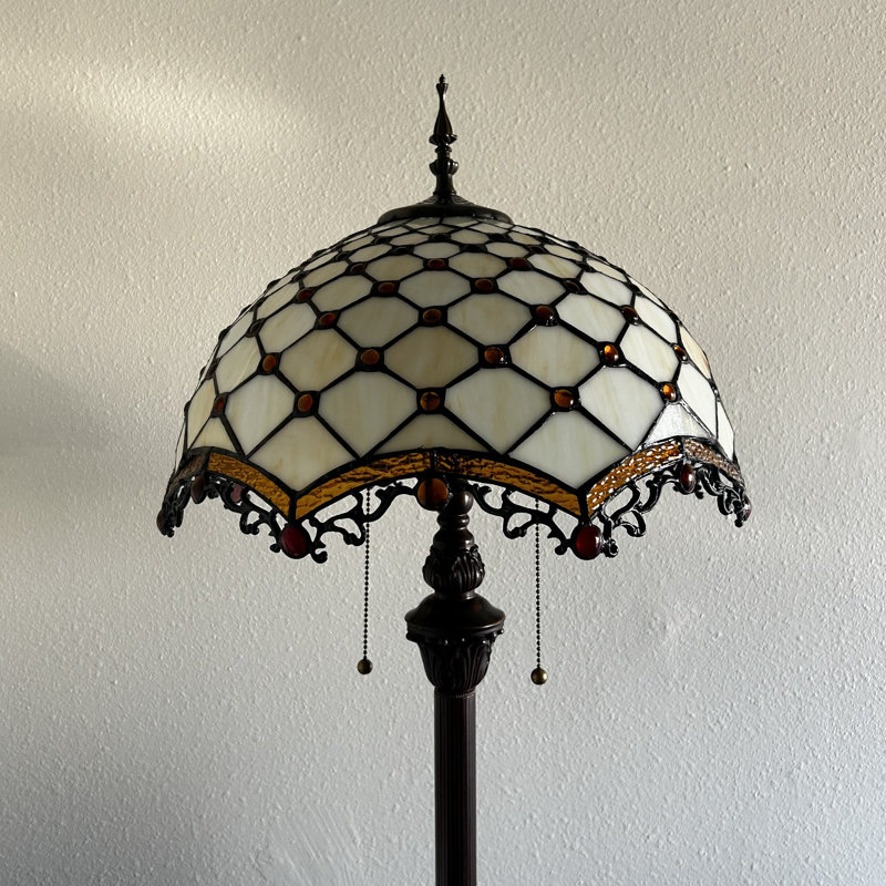 Shella Tiffany Floor Lamp Beige Stained Glass Crystal Beans Metal Base LED Bulbs Included 16"W*16"D*64"H