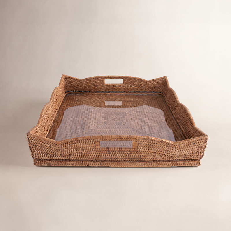 Landry Handmade Rattan Tray, With Glass, 4.5" H x 20" W x 20" D, Honey Brown