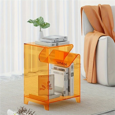 Table de bout Modern Alien, table d'appoint double couche en acrylique transparent avec design ouvert pour salon, canapé, chambre à coucher, table de chevet ou table d'appoint en verre