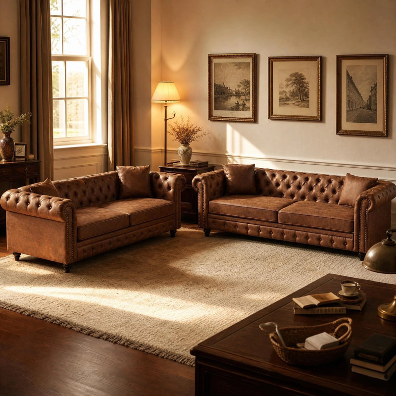 Ensemble canapé 3+3 places, canapé Chesterfield moderne du milieu du siècle, revêtement en tissu technique, canapé à accoudoirs roulés en tissu de haute technologie avec 4 coussins