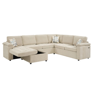 Canapé d'angle moderne en chenille marron, 295 cm (116,1 po) en forme de U, avec méridienne de rangement et ports USB.