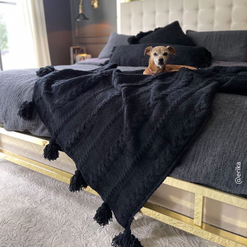 Braided Pom Throw Blanket, Black