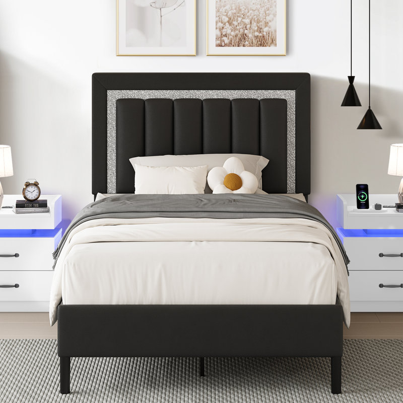 Ensemble de lit plateforme tapissier Diamond, Simple, Noir