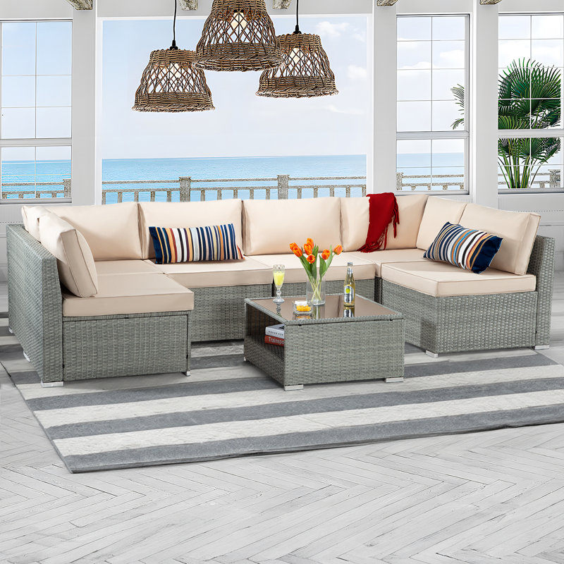 7-Piece Outdoor Seating Group with Cushions, Beige