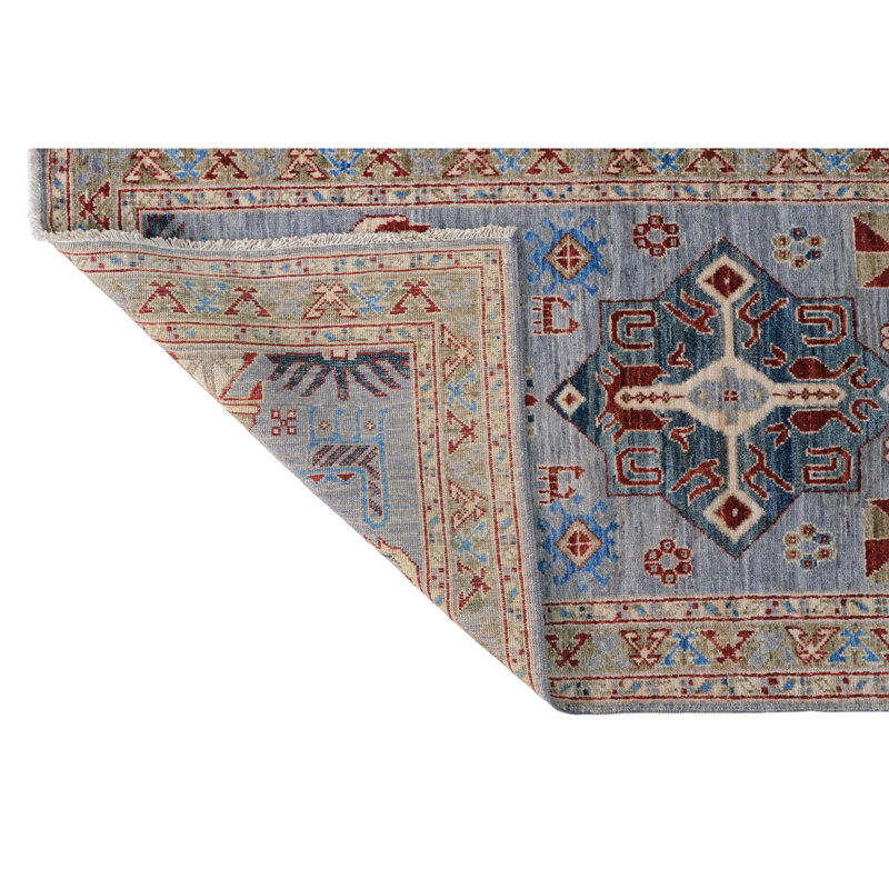 Hand Knotted Wool Area Rug in Silver And Sea Green