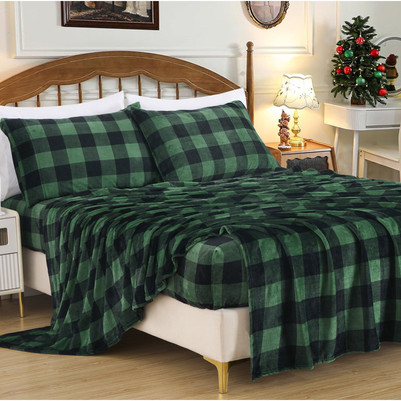 Soft Fleece Sheet Set, Twin Sheet Set with 1 Pillowcase, Green Plaid