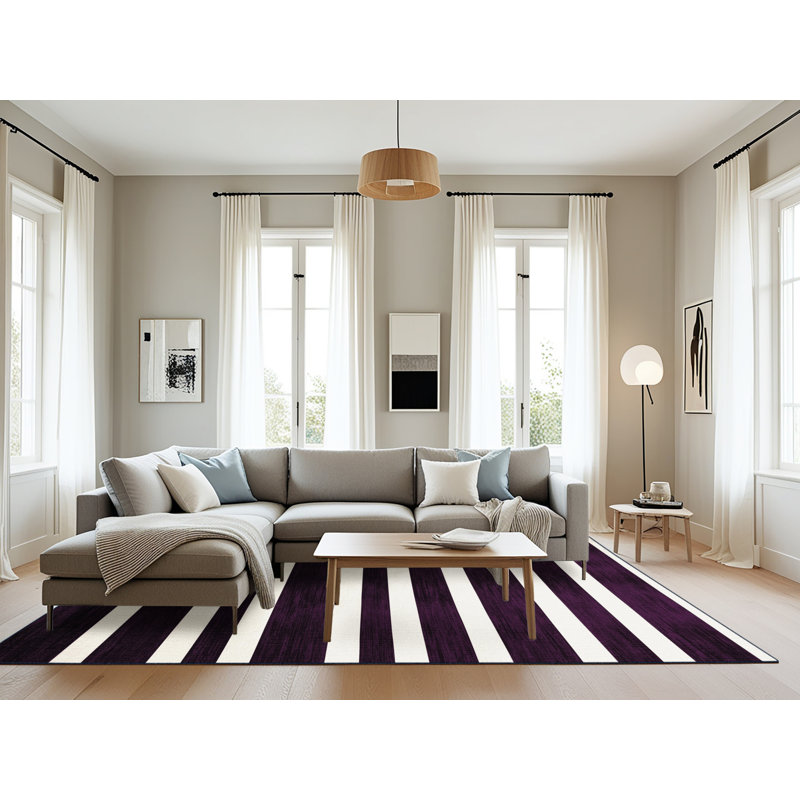 Machine Washable Horizontal Stripes Purple Area Rug, Rectangle 8' x 10'