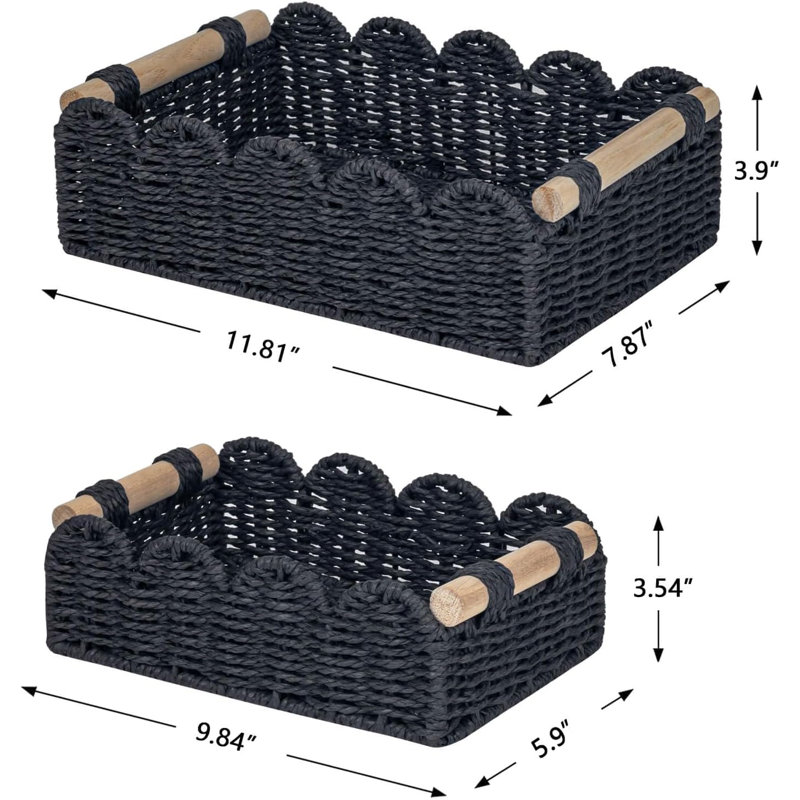 Set Of 2 Small Black Scalloped Edge Paper Rope Baskets