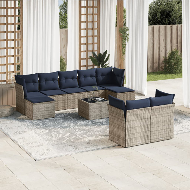 Ensemble de canapé de patio avec coussins en rotin de polyester, 10 pièces: 4 modulaires, 1 table, 3 fauteuils, 2, Marine
