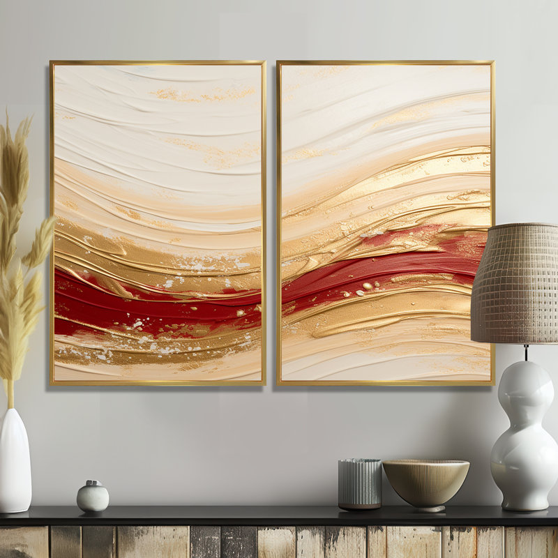 Fusion de vagues douces dorées et rouges - Art mural doré, 36" H x 48" W, Impression encadrée flottante, Gold