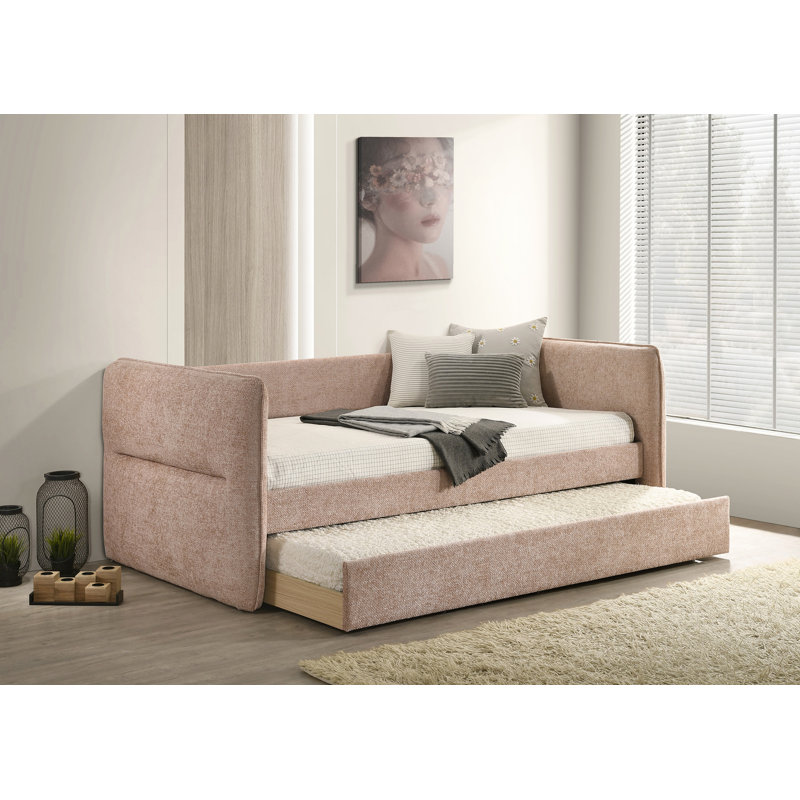 1Pc Daybed Pull Out Trundle Button Tufted Nailhead Trim Bedroom Living Room Furniture, Pink
