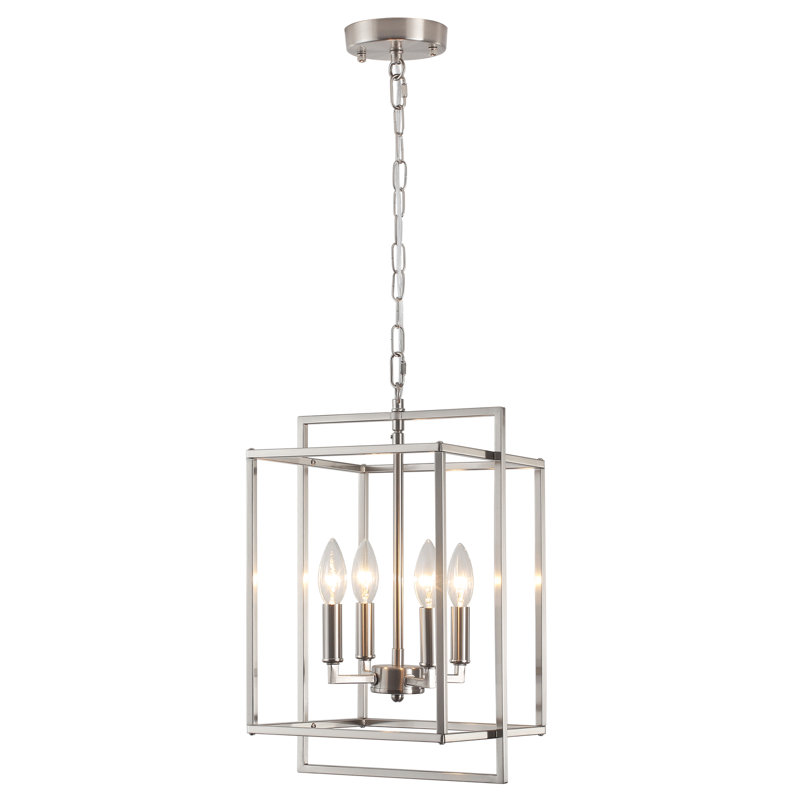 4 - Light Dimmable  Lantern Rectangle Chandelier, Nickel