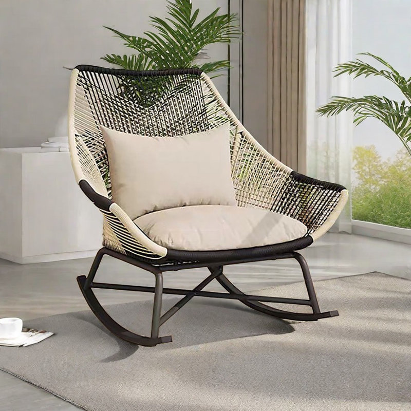 Chaise berçante décontractée en rotin de style nordique, Noir / Blanc cassé