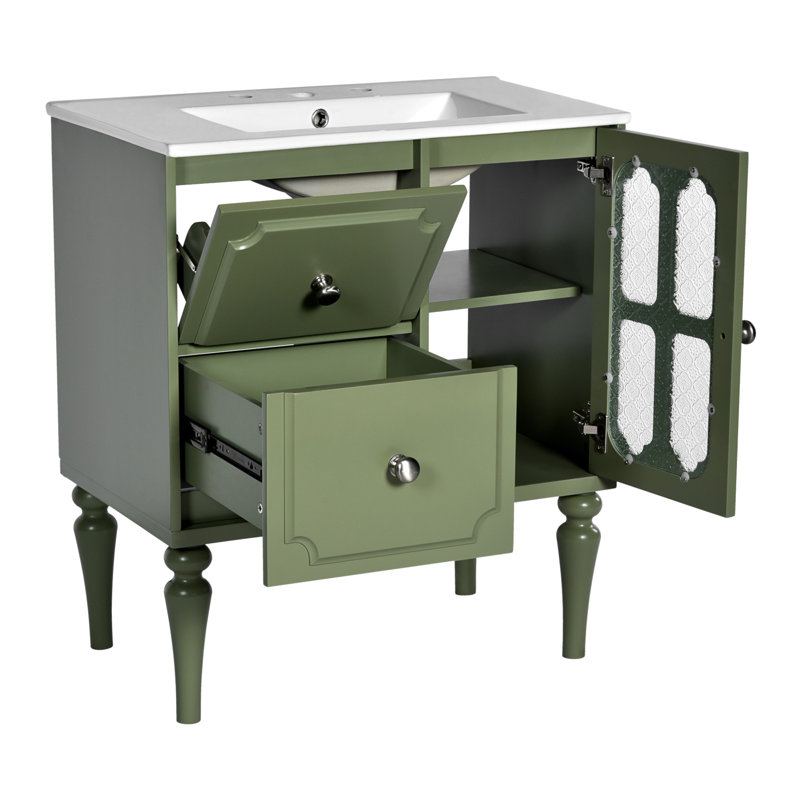 Meuble-lavabo de style rétro 30 po avec lavabo en résine, meuble-lavabo simple autoportant avec 2 tiroirs et armoire de rangement en bois massif