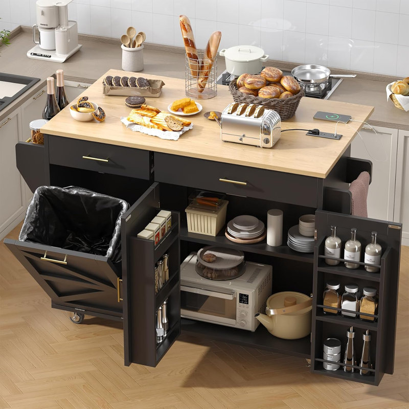 Rolling Kitchen Island With Power Outlet & Drop Leaf, Mobile Kitchen Island Cart With Tilt-Out Trash Can Storage, Spice Rack & Towel Rack And Adjustable Shelf