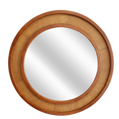 24 Inch Rattan Round Solid Wood Frame Decorative Wall Mirror, Farmhouse Accent Mirror for Bathroom, Entryway & Home Decor