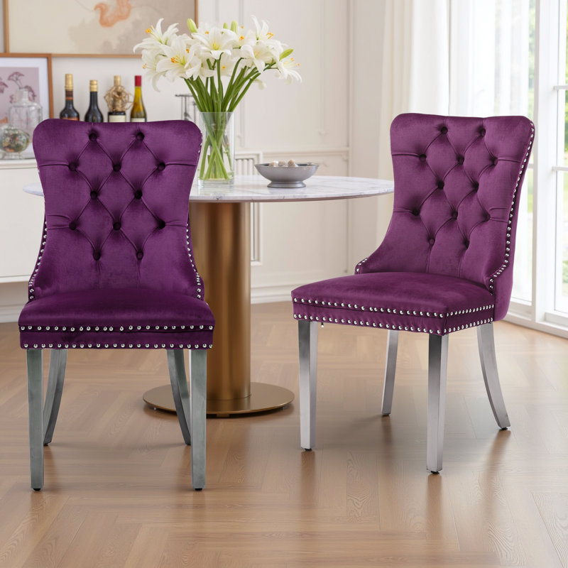Velvet Dining Chairs Set Of 6, Upholstered High-End Tufted Dining Room Chair With Nailhead Back Ring Pull Trim Metal Legs, Contemporary Nikki Collection Modern Style For Kitchen