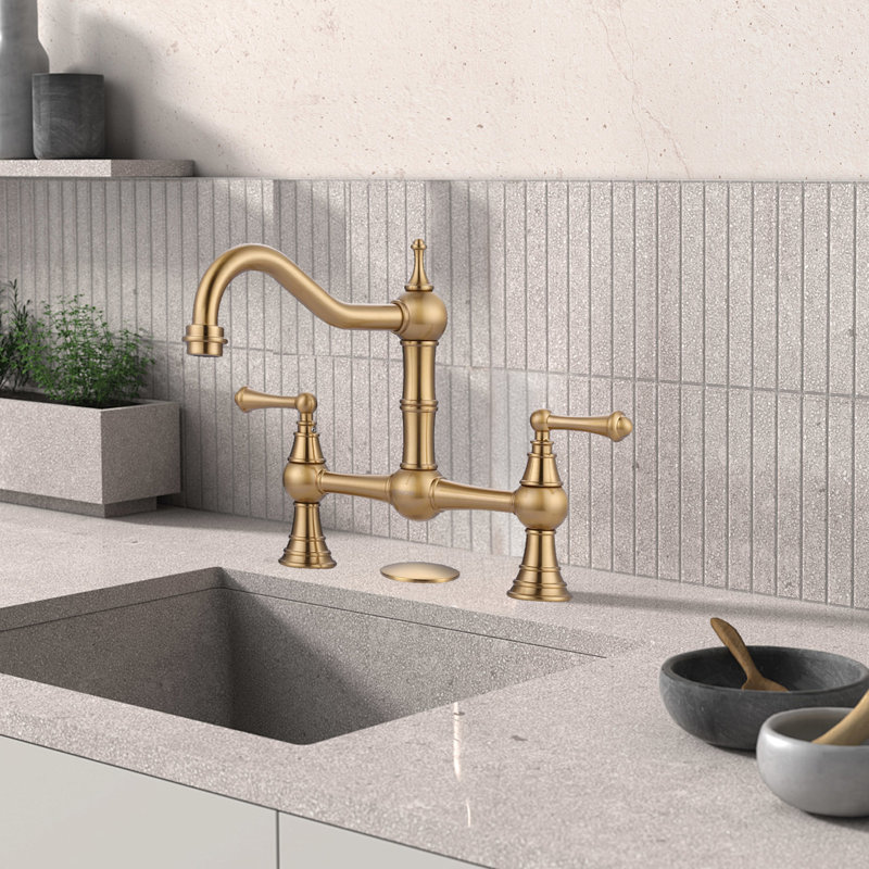 Bridge-Style Kitchen Faucet, 2 Or 3 Hole Bridge Faucet, 2 Handle Kitchen Sink Faucet 360° Rotating Faucet, Brushed Gold