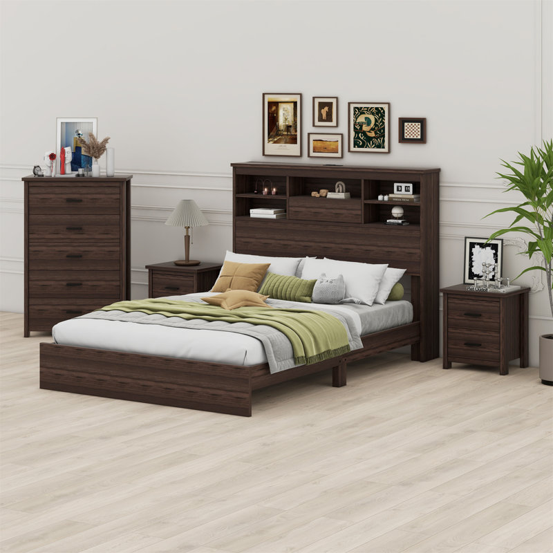 Base de lit en bois avec 2 tables de chevet et 1 commode, Noyer foncé