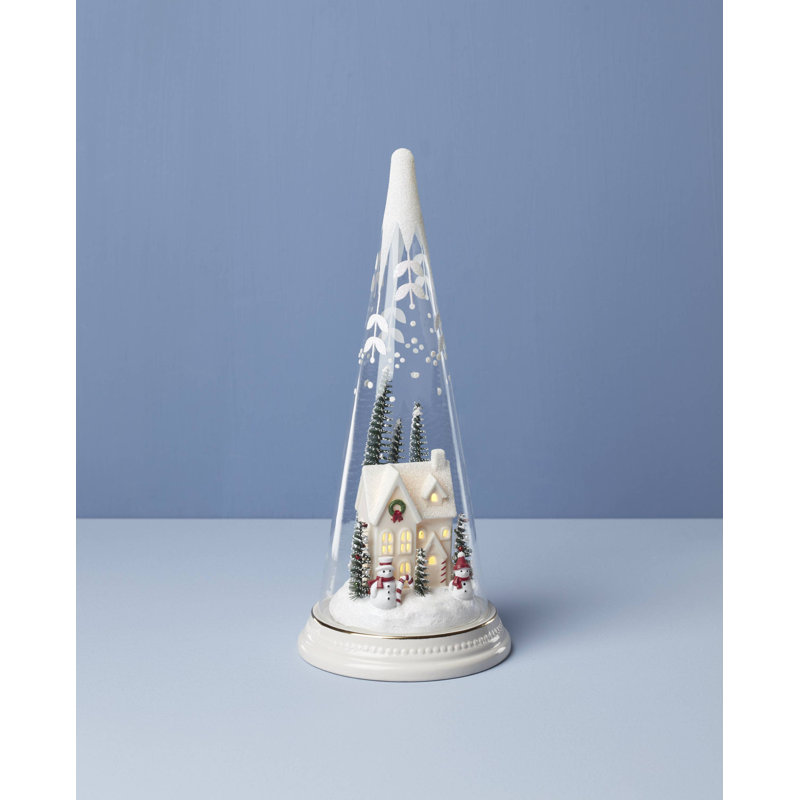 Lit Christmas Cone With Farmhouse Scene