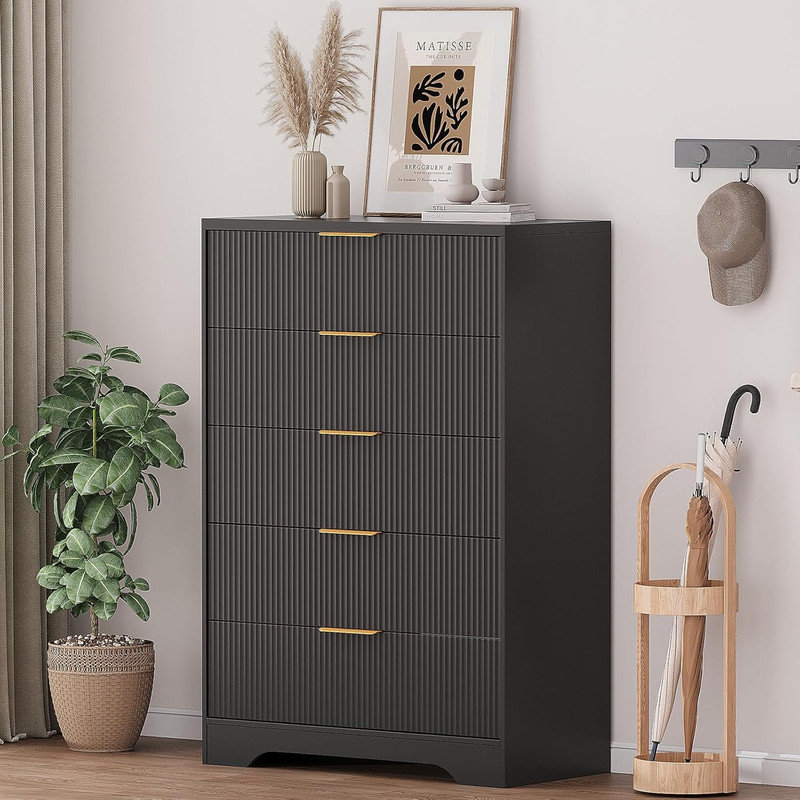 Commode cannelée moderne 46 po avec plusieurs tiroirs, conception stable, Noir