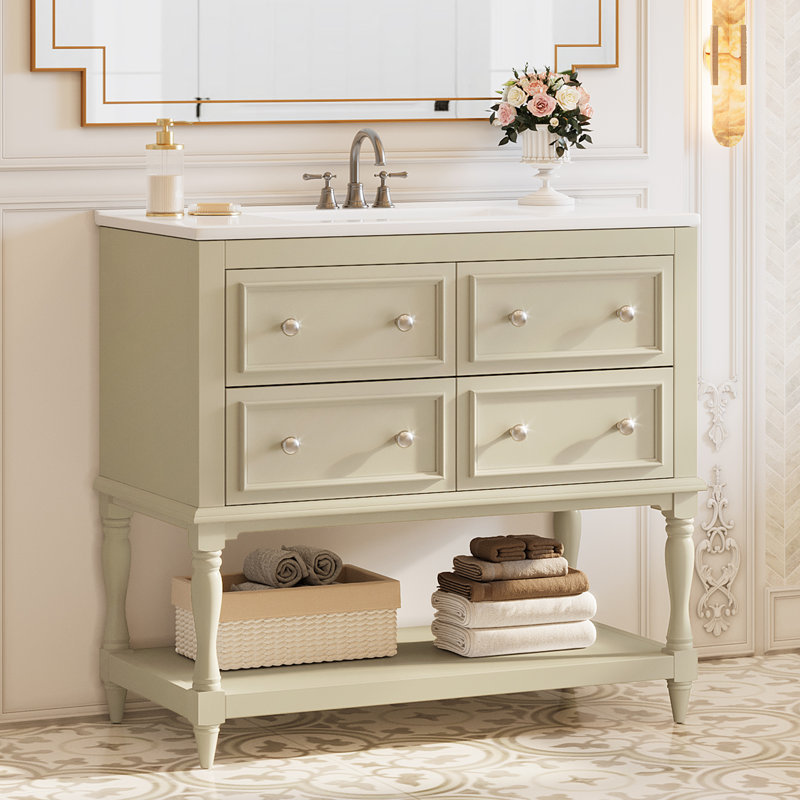 35.4" Single Bathroom Vanity with Ceramic Sink Top，Spindle-shaped design，Solid wood, Beige