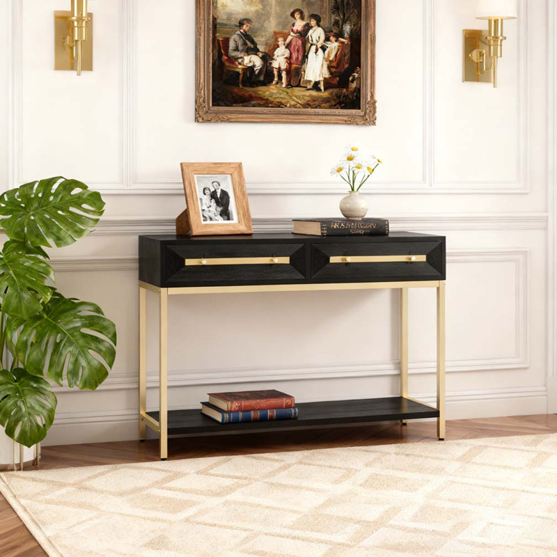 Console avec deux tiroirs, table de couloir rétro au design géométrique saisissant pour le vestibule et le salon, Noir