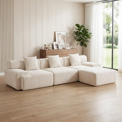 120" W Chenille Boneless Sectional Sofa, 3-Seater Modern Modular Cloud Couch With Removable Ottoman, No Assembly Required, Beige
